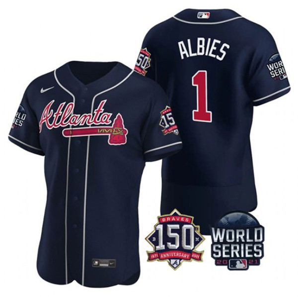Men's Atlanta Braves #1 Ozzie Albies 2021 Navy World Series With 150th Anniversary Patch Stitched Baseball Jersey